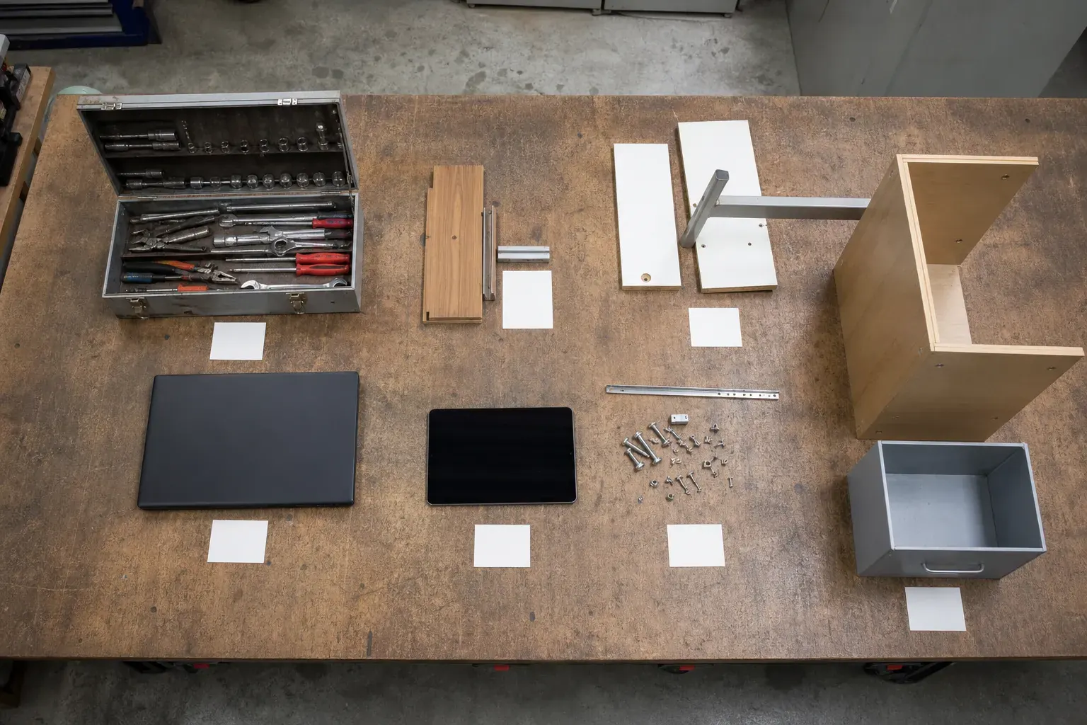 Établi d'atelier professionnel avec matériel rangé pour inventaire